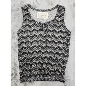 Aventura Tie Front Smocked Hem Tank Top Size S Black Gray Cotton Modal Zig Zag